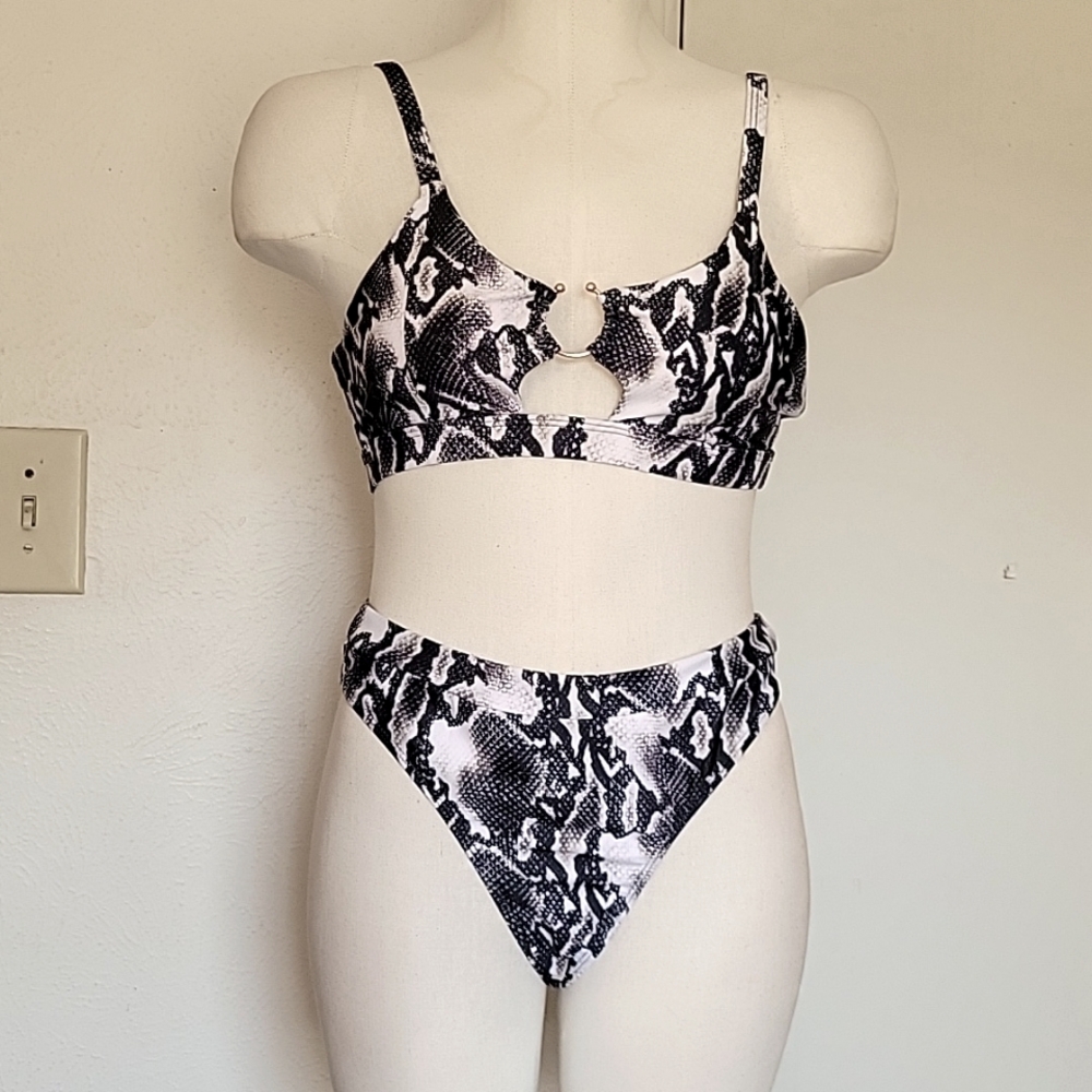 Women High Waisted Bikini Ring Sexy Snakeskin Print Black Piece Swimsuit - Picture 2 of 4